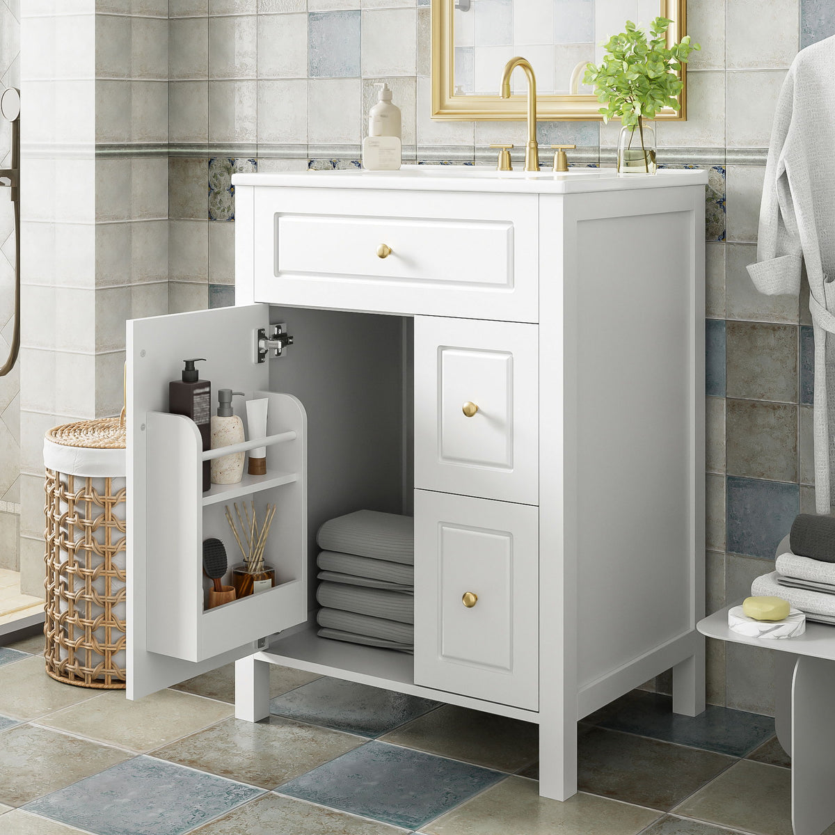 Elegant Bathroom Vanity With Ceramic Sink, Soft Close Doors And Drawers, Double Storage Racks