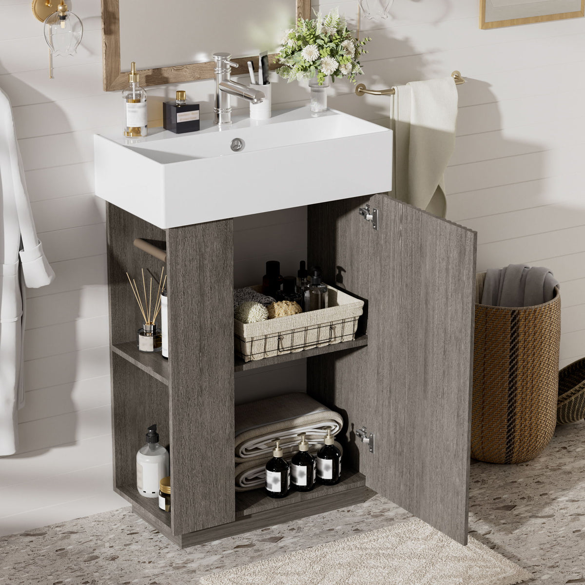 Bathroom Vanity With Sink, Freestanding Wood Grain Cabinet With Storage