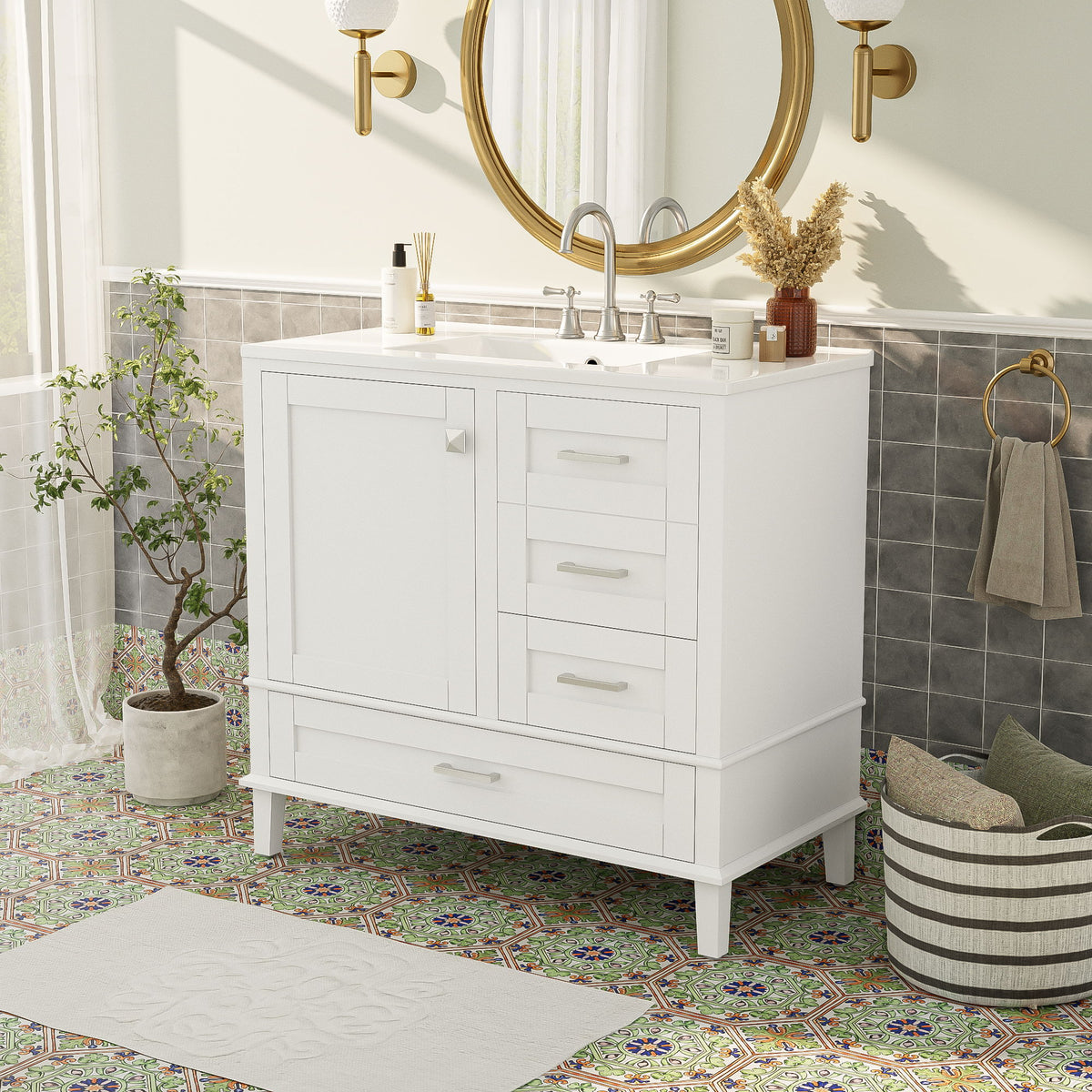 Bathroom Vanity, Modern Bathroom Cabinet With Sink Combo Set, Bathroom Storage Cabinet With A Soft Closing Door And 3 Drawers, Solid Wood Frame
