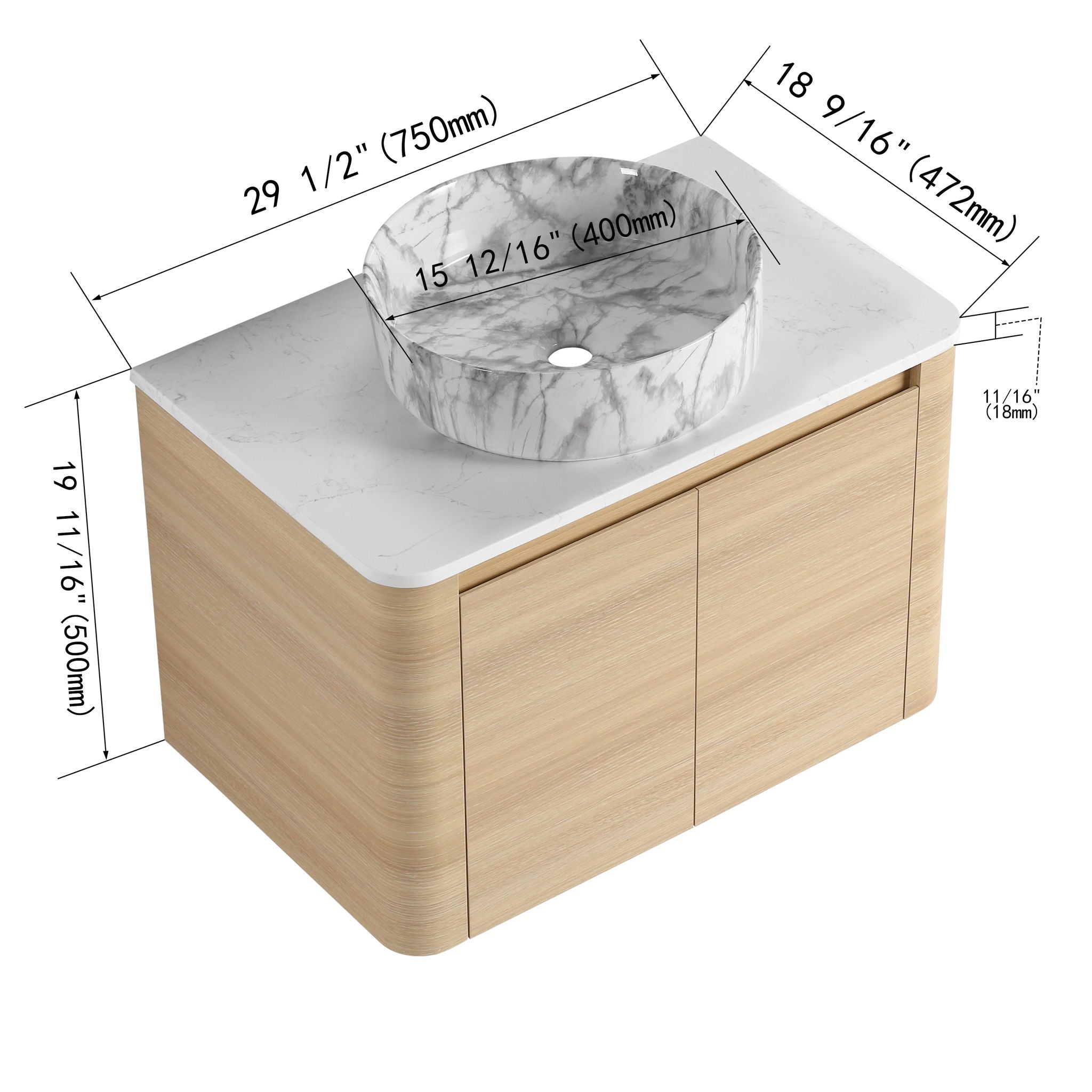 Mounted Bathroom Vanity & Art Sink & 2 Soft Close Doors