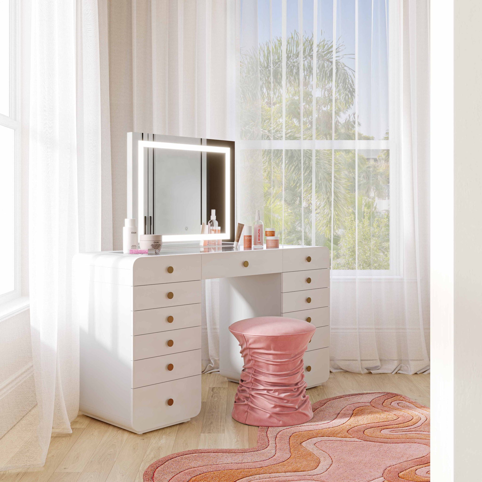Hollywood - Desk With LED Panel Vanity Mirror - White