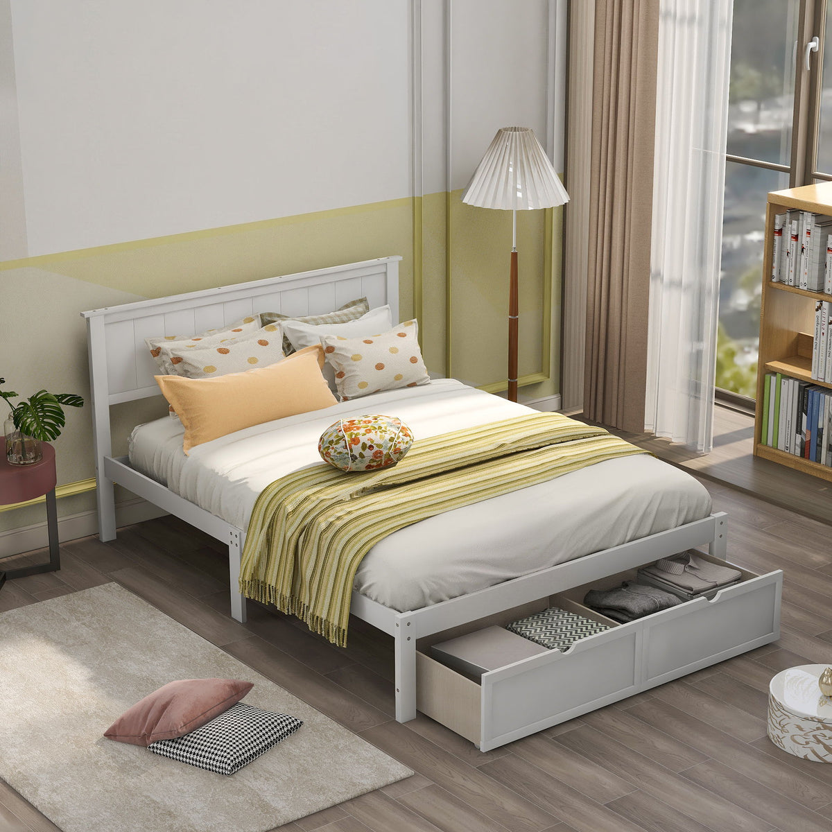 Full Size Platform Bed With Under Bed Drawers - White