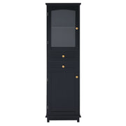 Tall Bathroom Storage Cabinet With Glass Doors, Free-Standing, Two Drawers, And Adjustable Shelves, Board, Painted Perfect For Displaying Your Favorite Items
