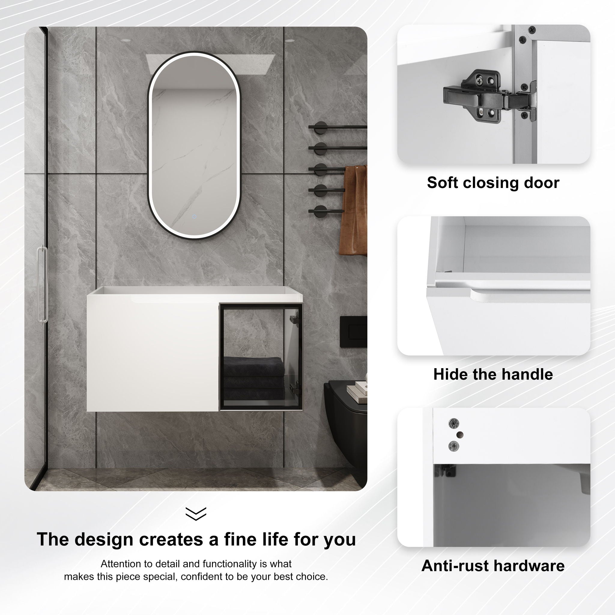 36" (35 1 / 4") Wall Mounted Bathroom Vanity, Cabinet With Half Door (Excluding Sink) - Glossy White