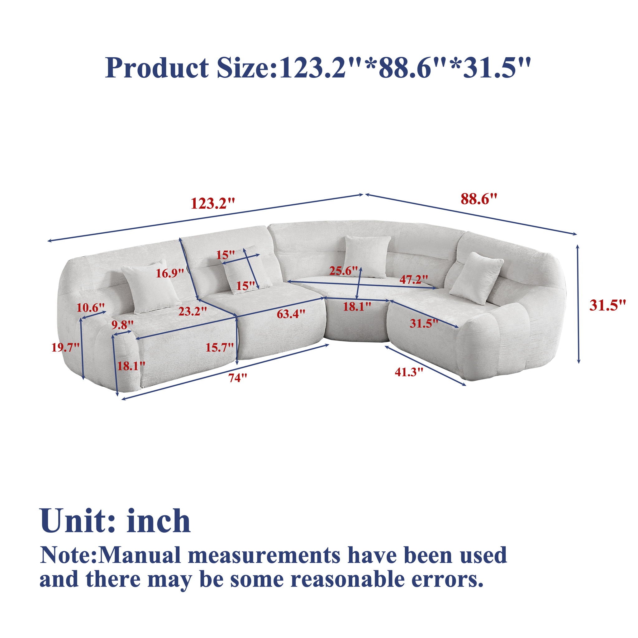 Luxury Curved Corner Sectional Sofa With 4 Pillows