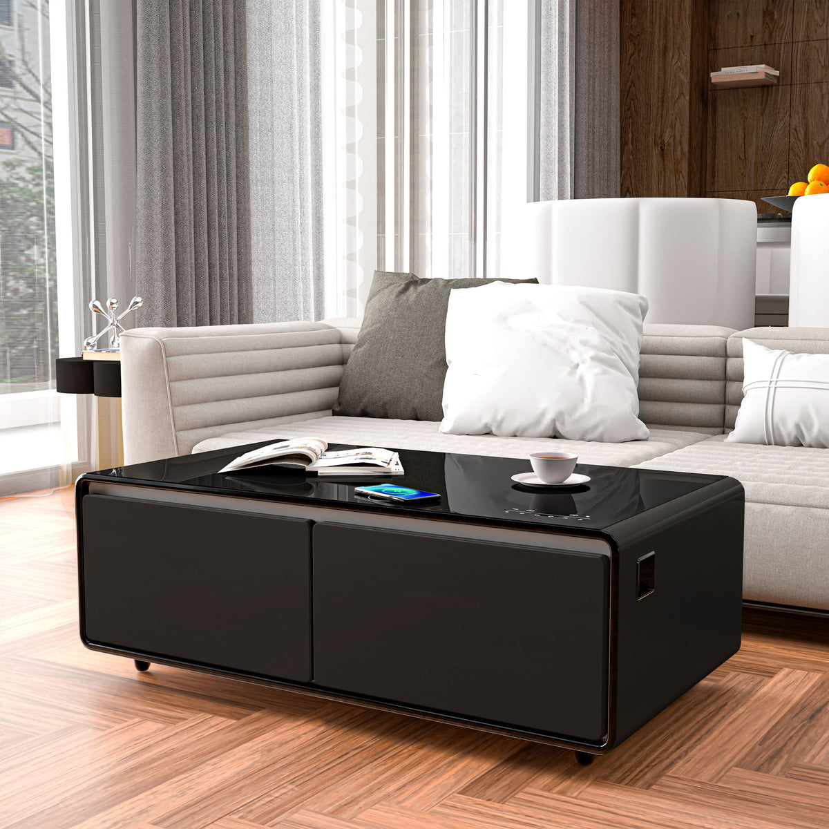 Modern Smart Coffee Table With Built-In Fridge, tooth Speaker, Wireless Charging Module, Touch Control Panel, Power Socket, USB Interface, Outlet Protection, Atmosphere Light