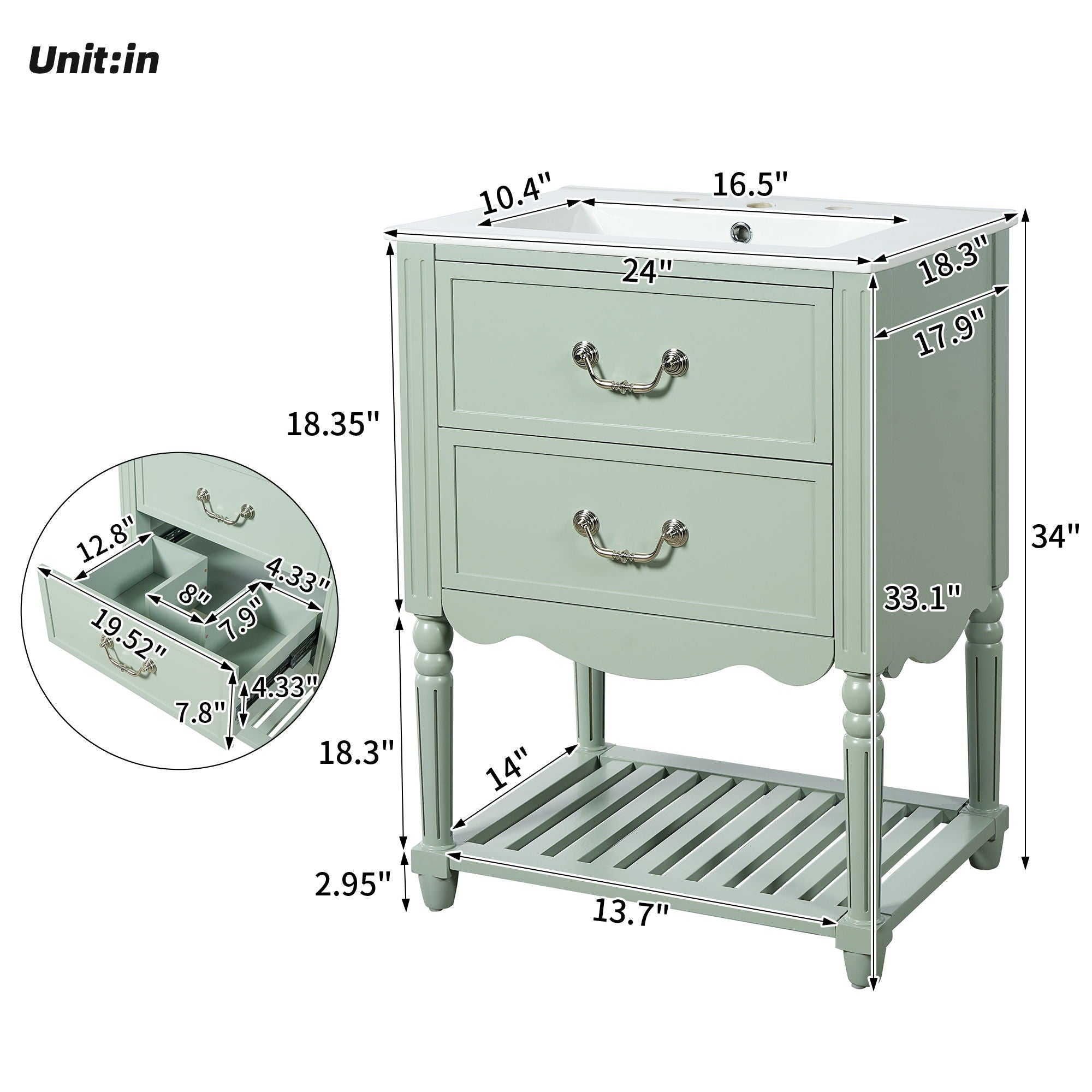 Wave Design Bathroom Vanity With Sink, 2 Drawers And Open Shelf