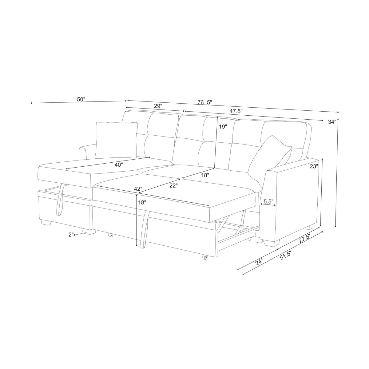 Upholstered Sectional & Pull Out Bed And Chaise Storage
