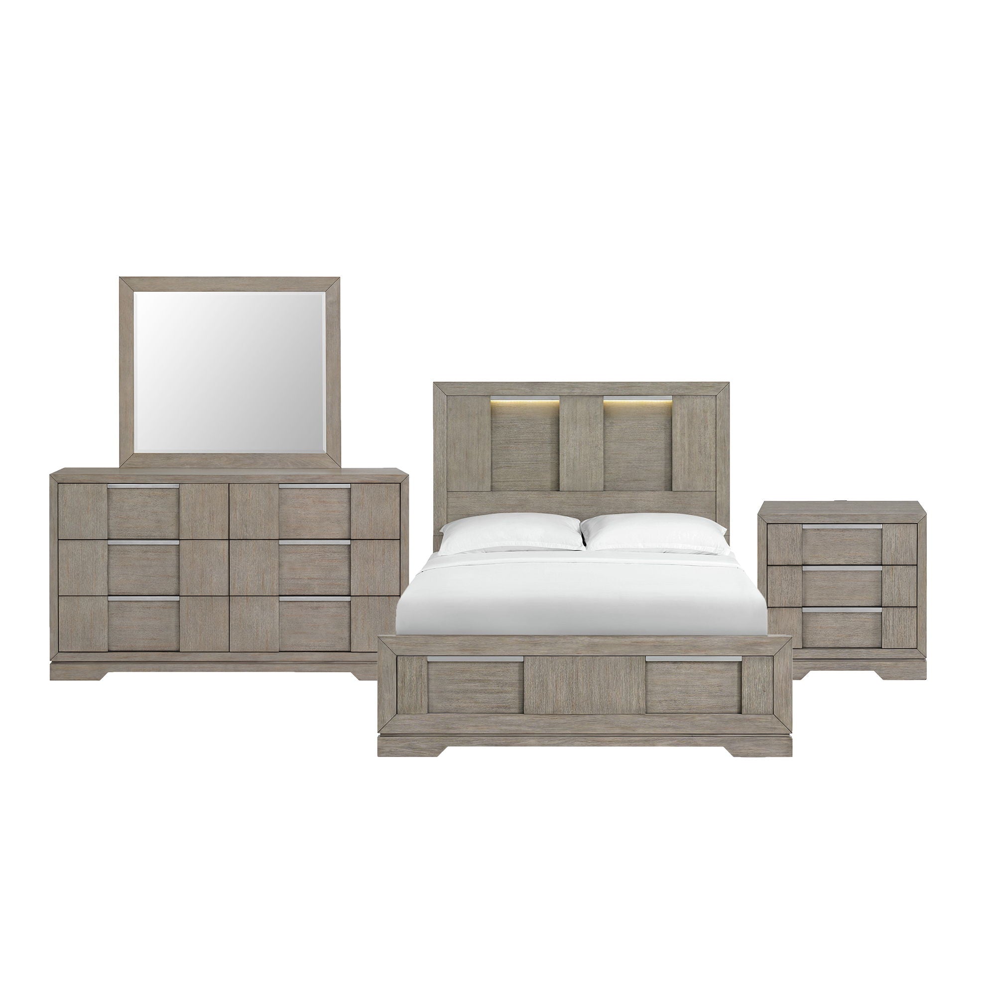 Kelis - 4 Piece Bedroom Set With Queen Panel Bed And LED - Gray