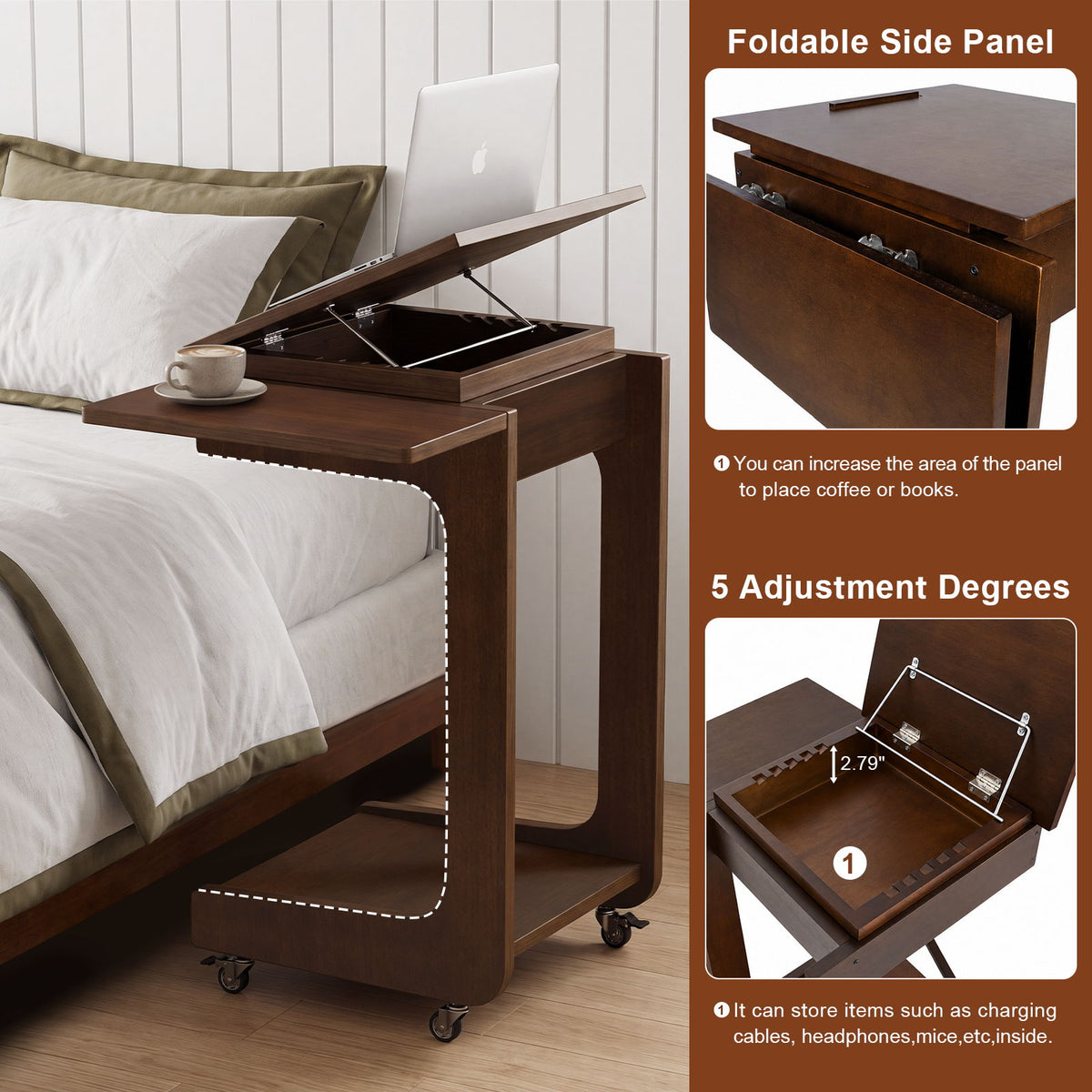 C - Shaped End Table, Rolling With 360° Adjustable & Foldable Desktop, Couch Table With Laptop Stand For Living Room - Walnut