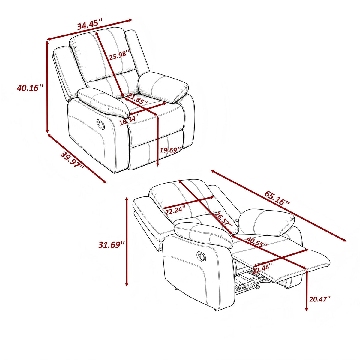 Reclining Armchair Single Recliner With 150° Recline