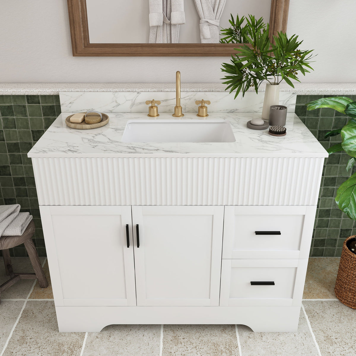 Bathroom Vanity Set, Fluted Cabinet, Soft Close Doors, 3 Faucet Holes, Sink Included - White