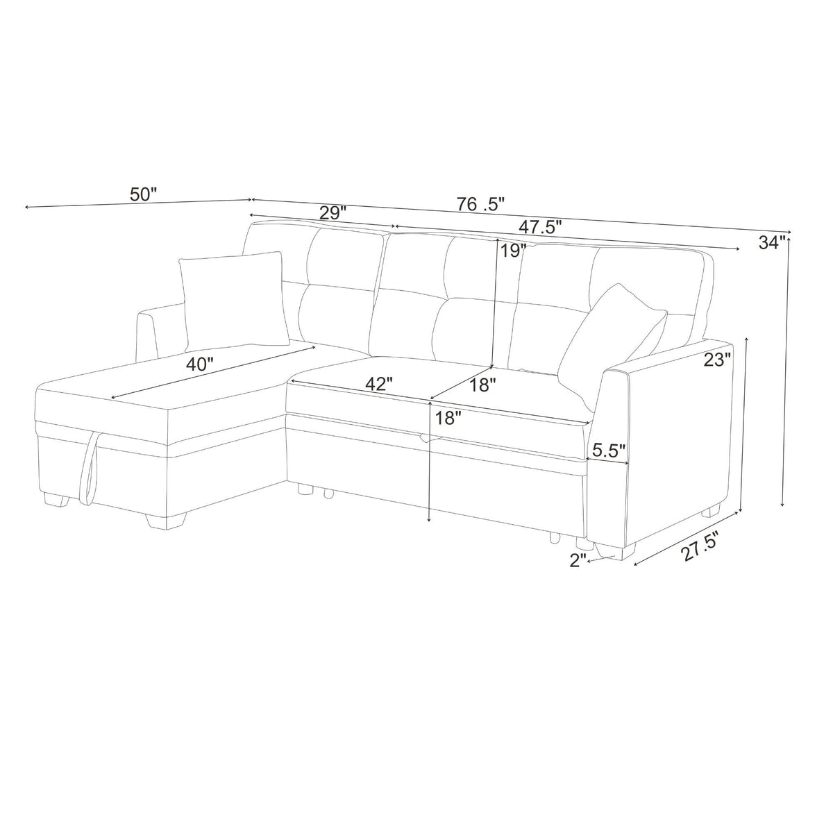Upholstered Sectional & Pull Out Bed And Chaise Storage