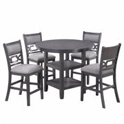 5 Piece Counter Height Dining Set With Storage Shelves Round Table And Upholstered High Chairs - Gray