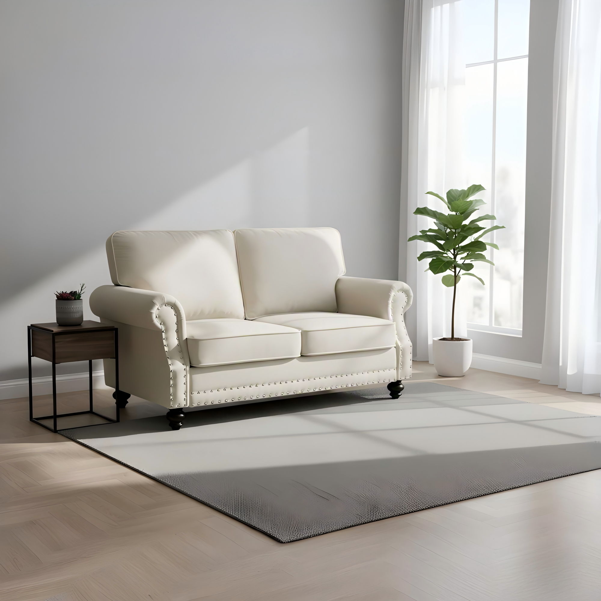 Loveseat Sofa With Nailhead Detail & Turned Legs, 2 Seater Upholstered Couch