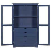 Kitchen Pantry, Freestanding Kitchen Storage Cabinet Display Cabinet With Glass Doors And 4 Built In Drawers For Living Room, Home Office - Blue