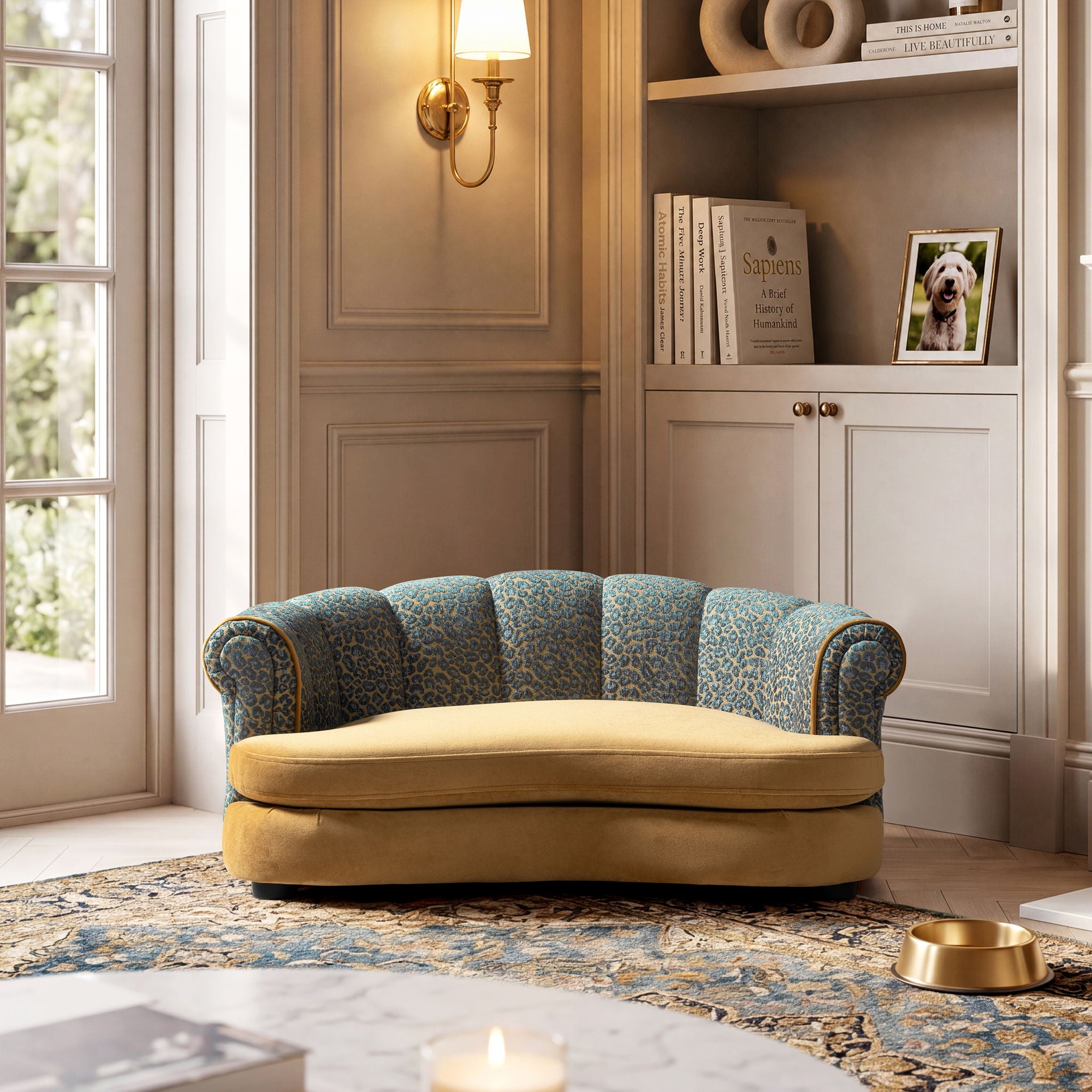 Halle - Rolled Arm Dog Sofa Bed - Gold / Blue