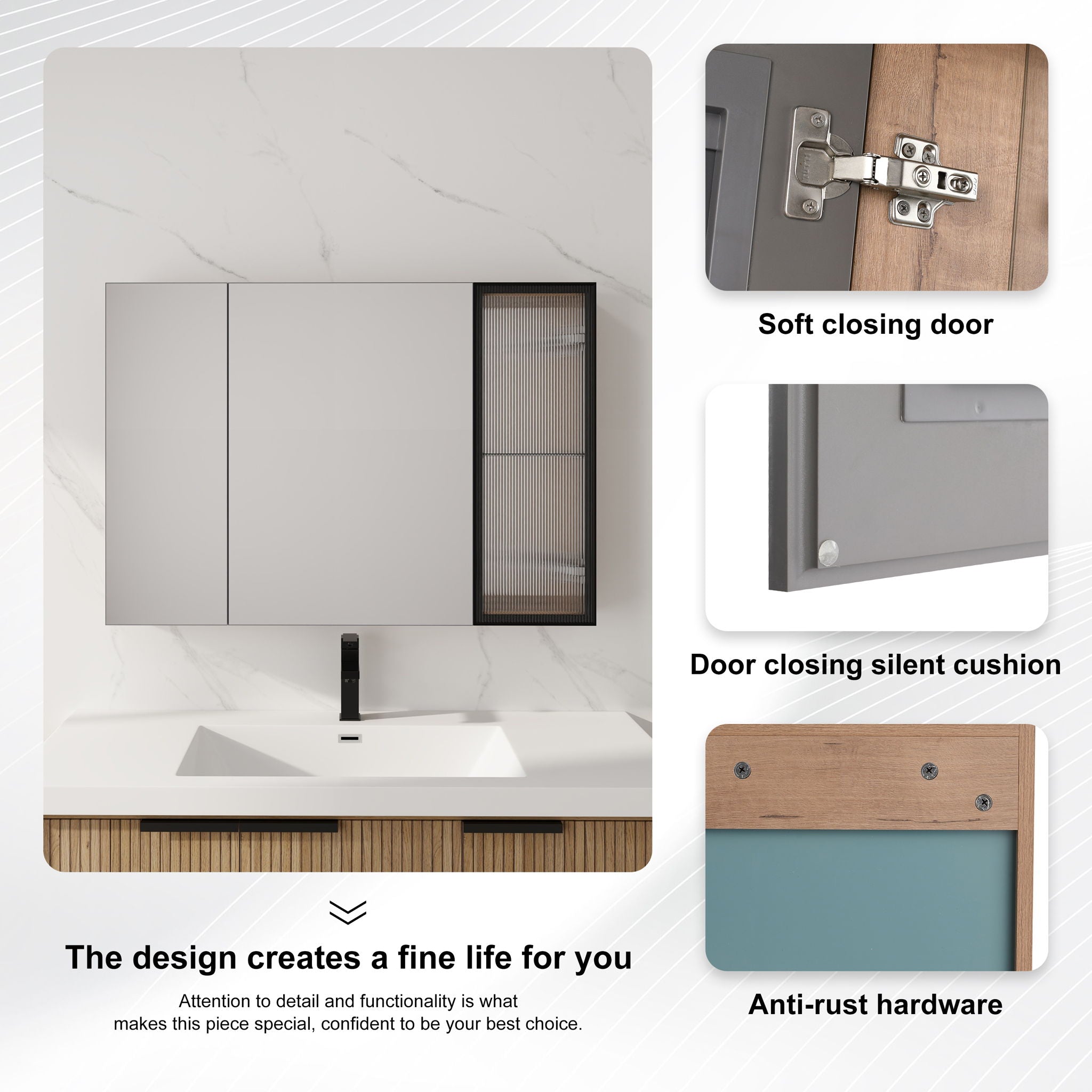 Wall Mounted Bathroom Mirror Cabinet With Soft Close Door, Adjustable Shelves - Imitative Oak
