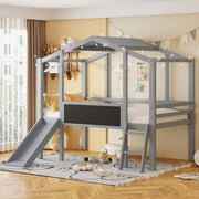 Loft House Bed With Ladder And Slide, With board And Light Strip On The Roof