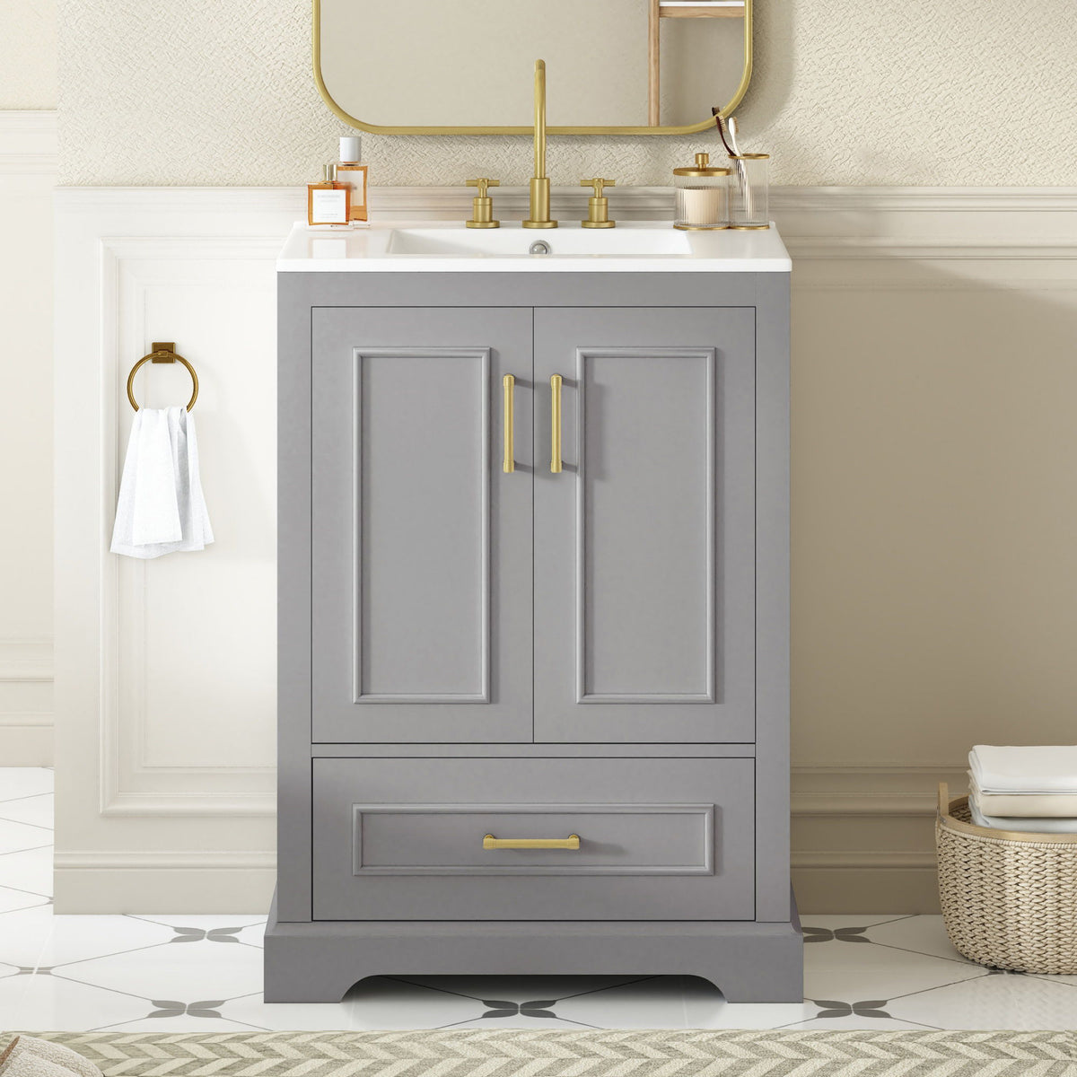 Bathroom Vanity With Sink, 1 Divided Drawer And 2 Soft Close Doors With Double Shelf