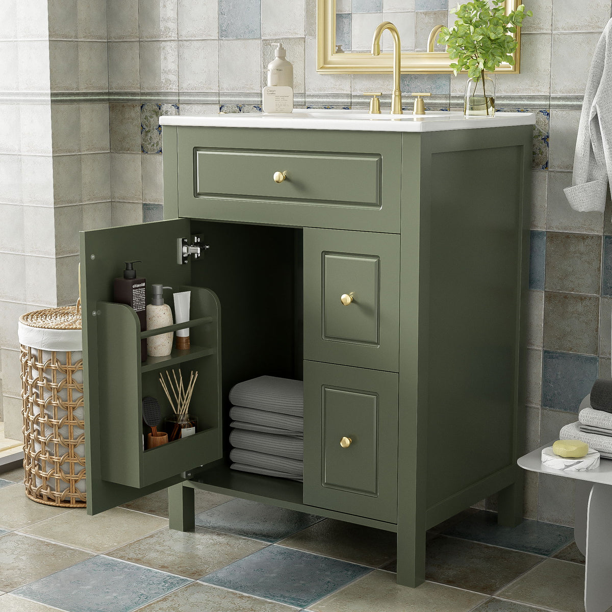 Elegant Bathroom Vanity With Ceramic Sink, Soft Close Doors And Drawers, Double Storage Racks