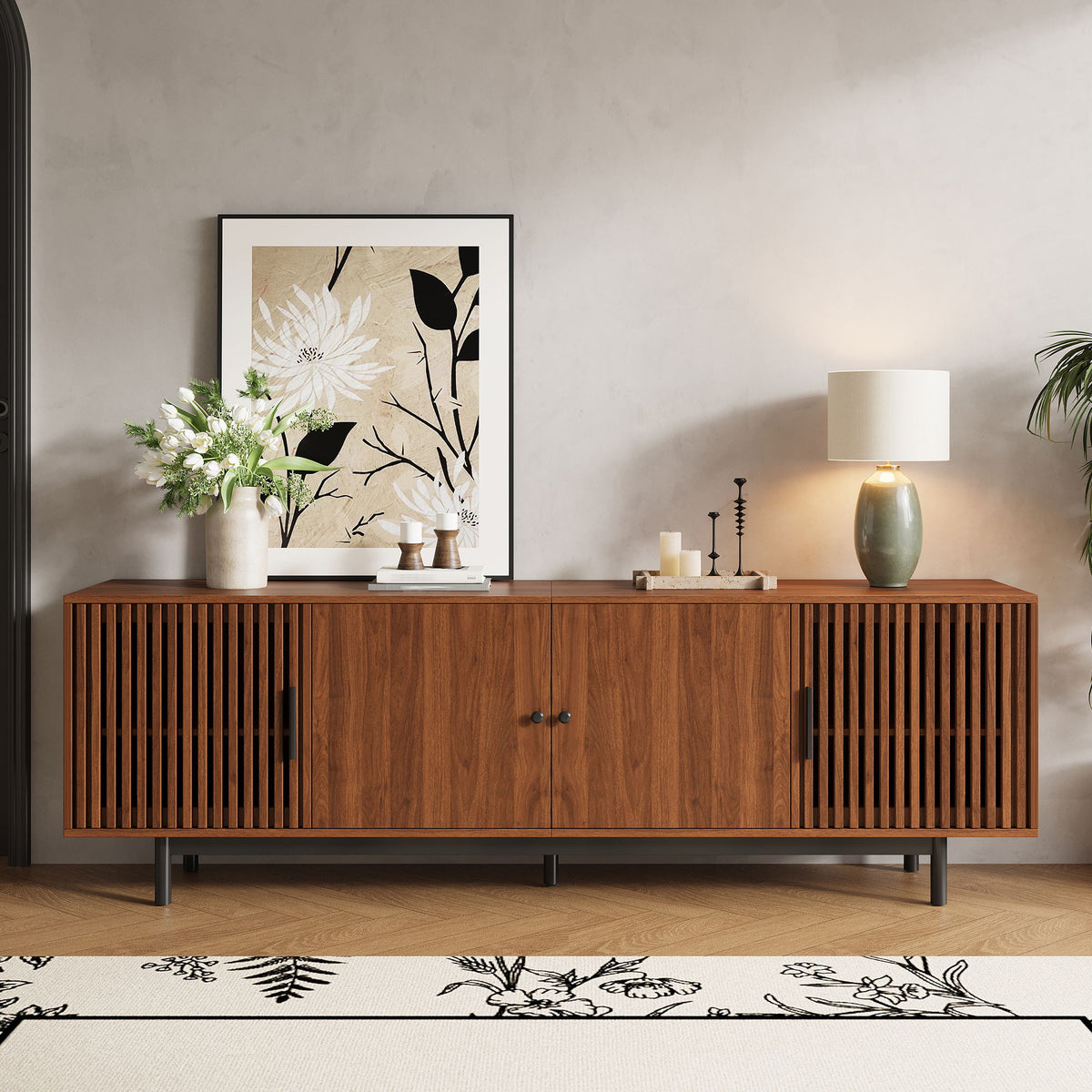 TV Stand, Media Console & Soft Closing Hinges, Adjustable Shelves, Slatted Doors - Walnut