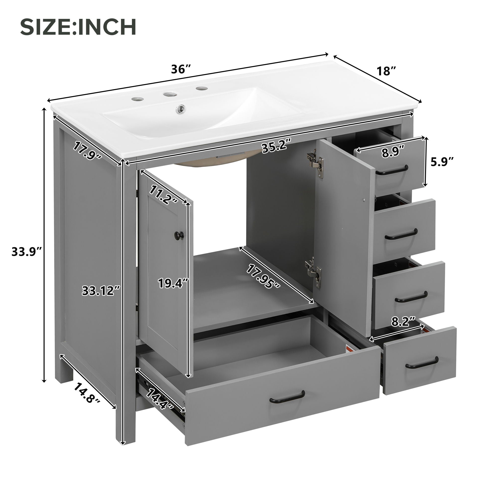 Bathroom Vanity With Ceramic Sink Combo, Abundant Storage Cabinet 2 Soft Close Doors And 5 Drawers