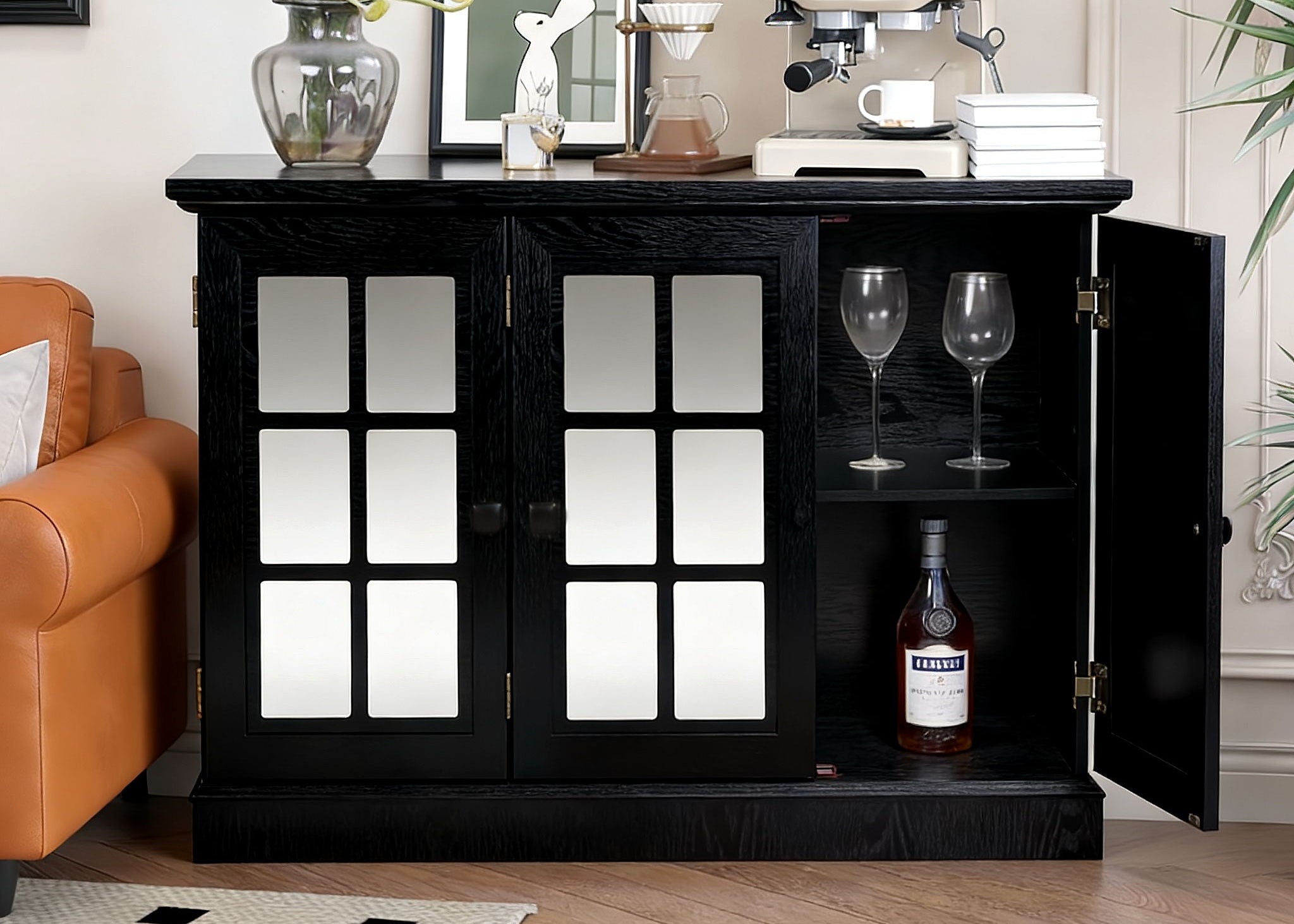 Storage Cabinet With 3 Mirrored Acrylic Doors, Adjustable Shelves