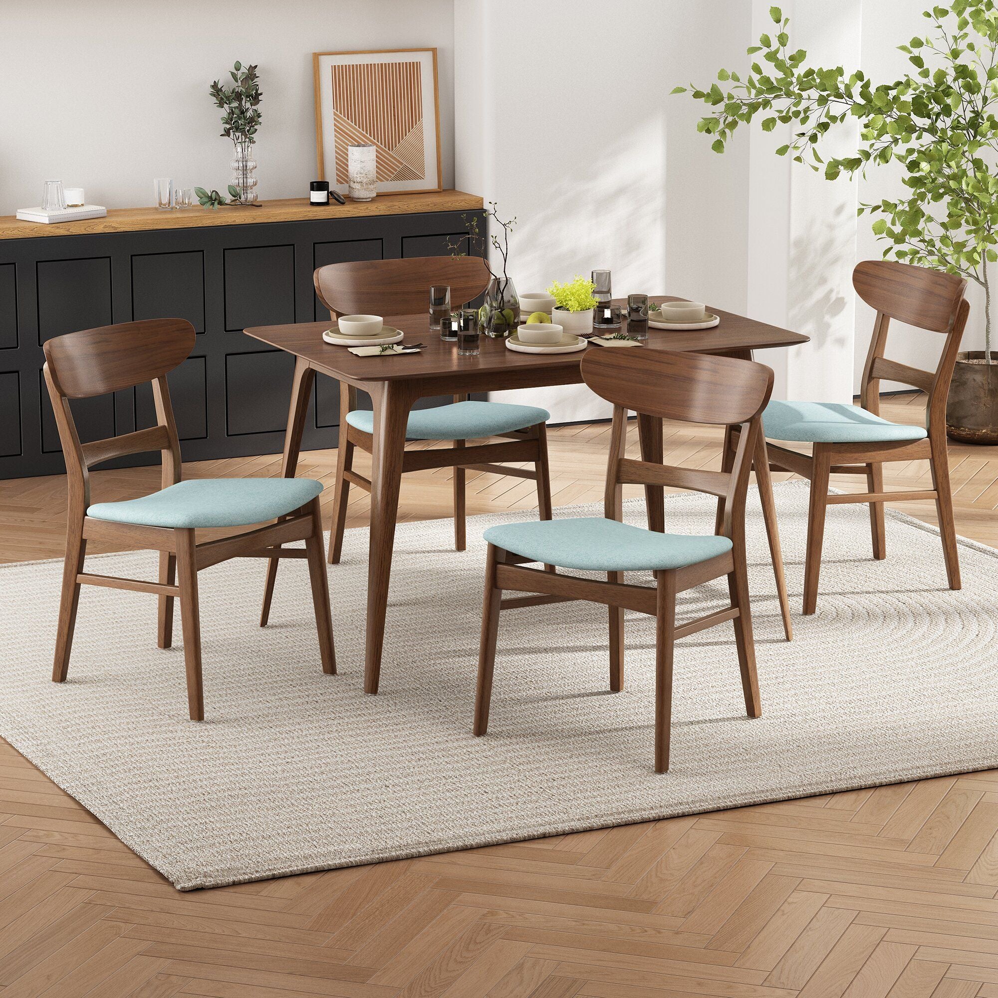 5 Piece Dining Set & 1 Table And 4 Upholstered Chairs - Mint / Walnut
