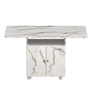 Versatile Marble Folding Dining Table With Storage Rack And Cabinet, 6 Wheels - White