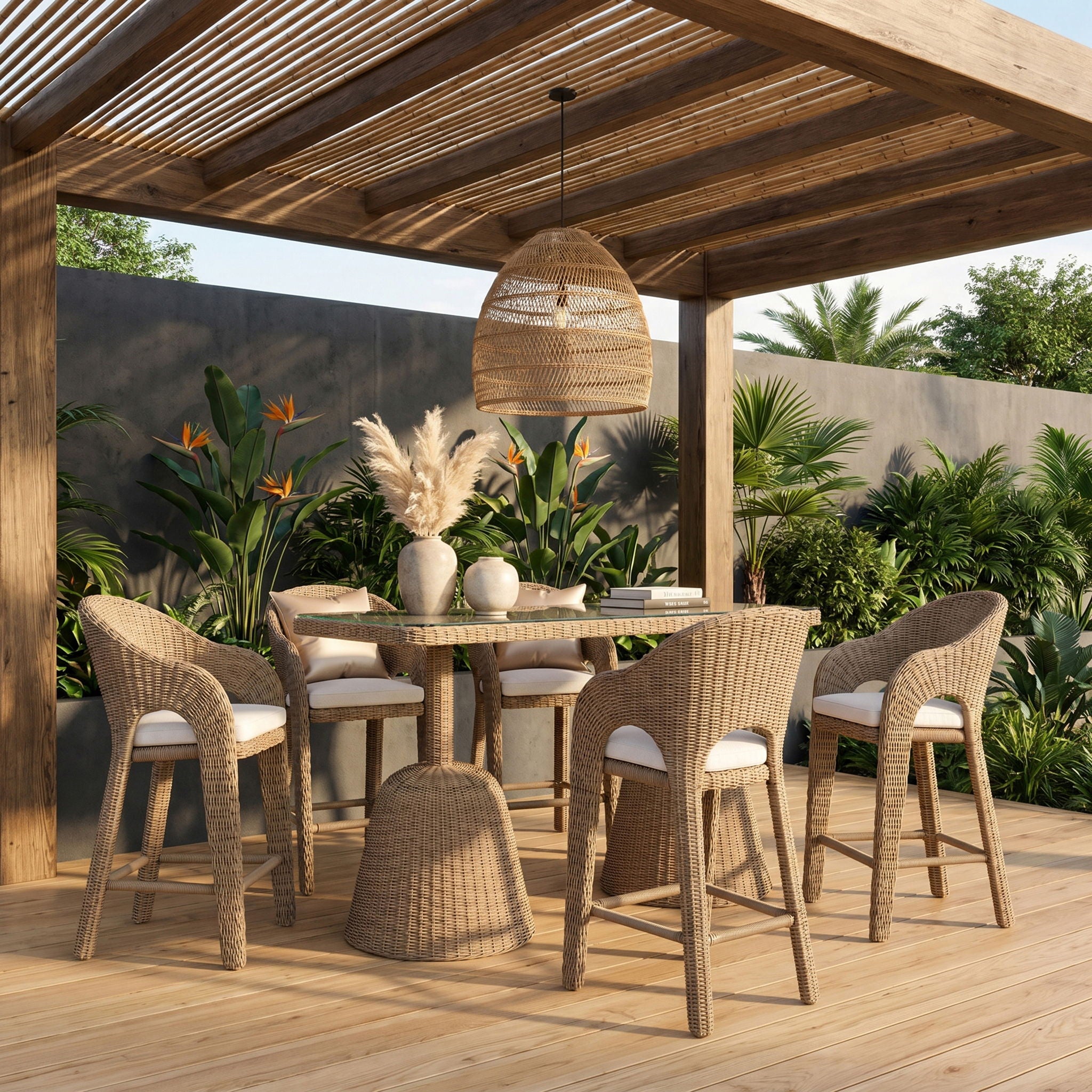 Seacrest - Tempered Glass Top And Wicker Outdoor Patio Bar Height Table