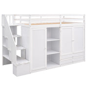 Loft Bed With 3 Shelves, 2 Wardrobes, 2 Drawers, Ladder Storage