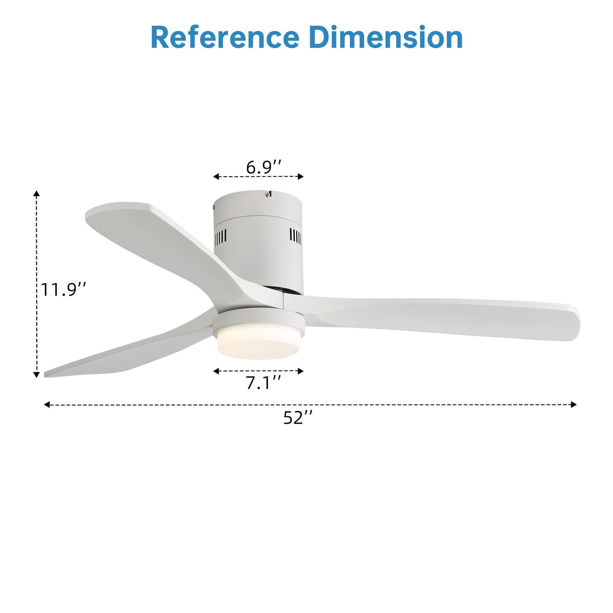 52" Low Profile Ceiling Fan With 6 Speed Remote, 3 Blades, Reversible DC Motor For Living Room - White