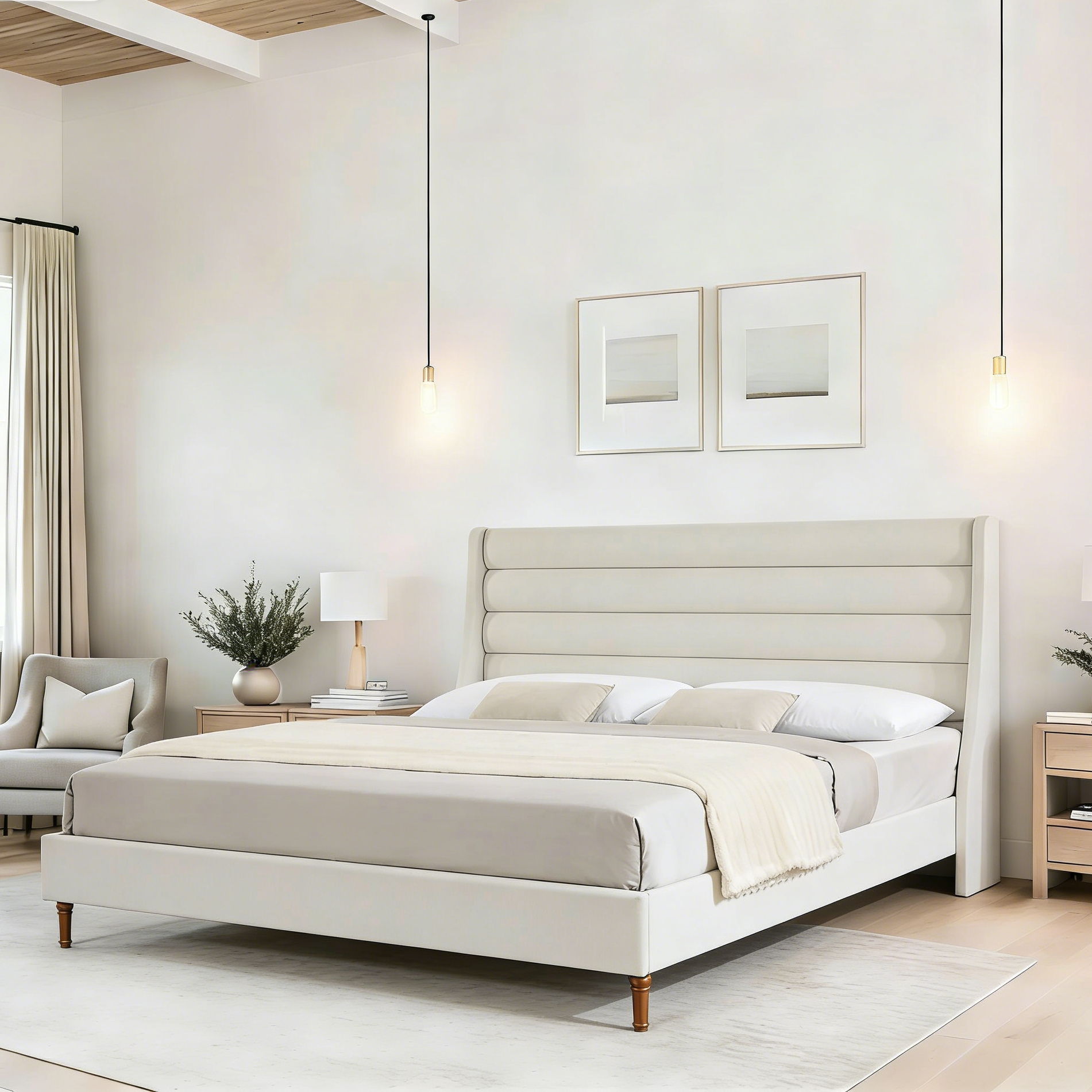 Modern Upholstered Platform Bed With Wave Shaped Headboard