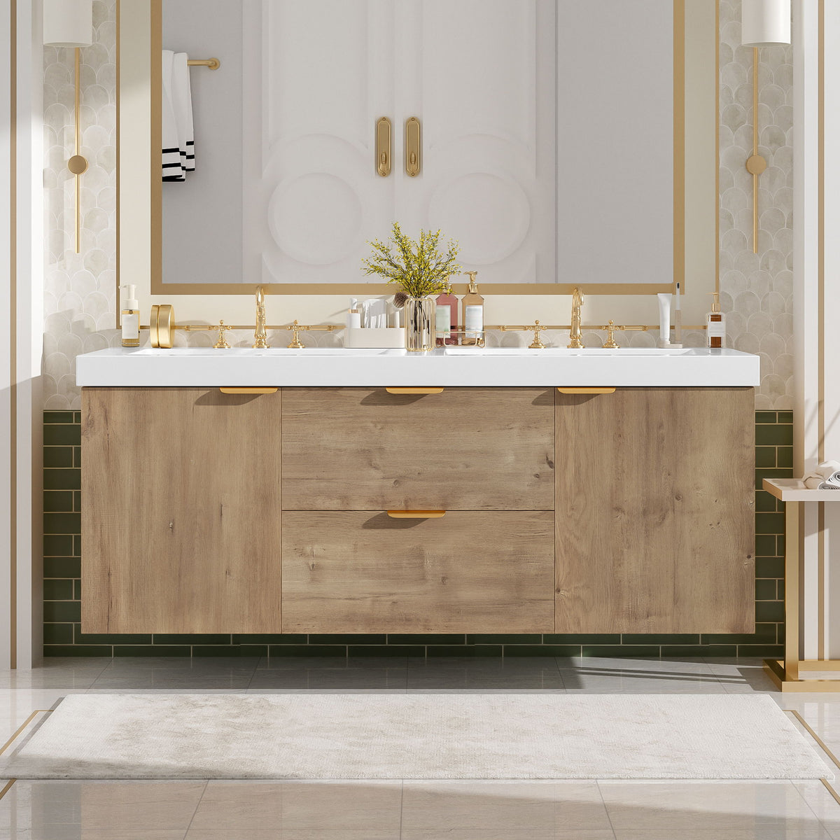 Double Sink Bathroom Vanity Soft Close Doors, Divided Drawers, Wall Mounted - Wood