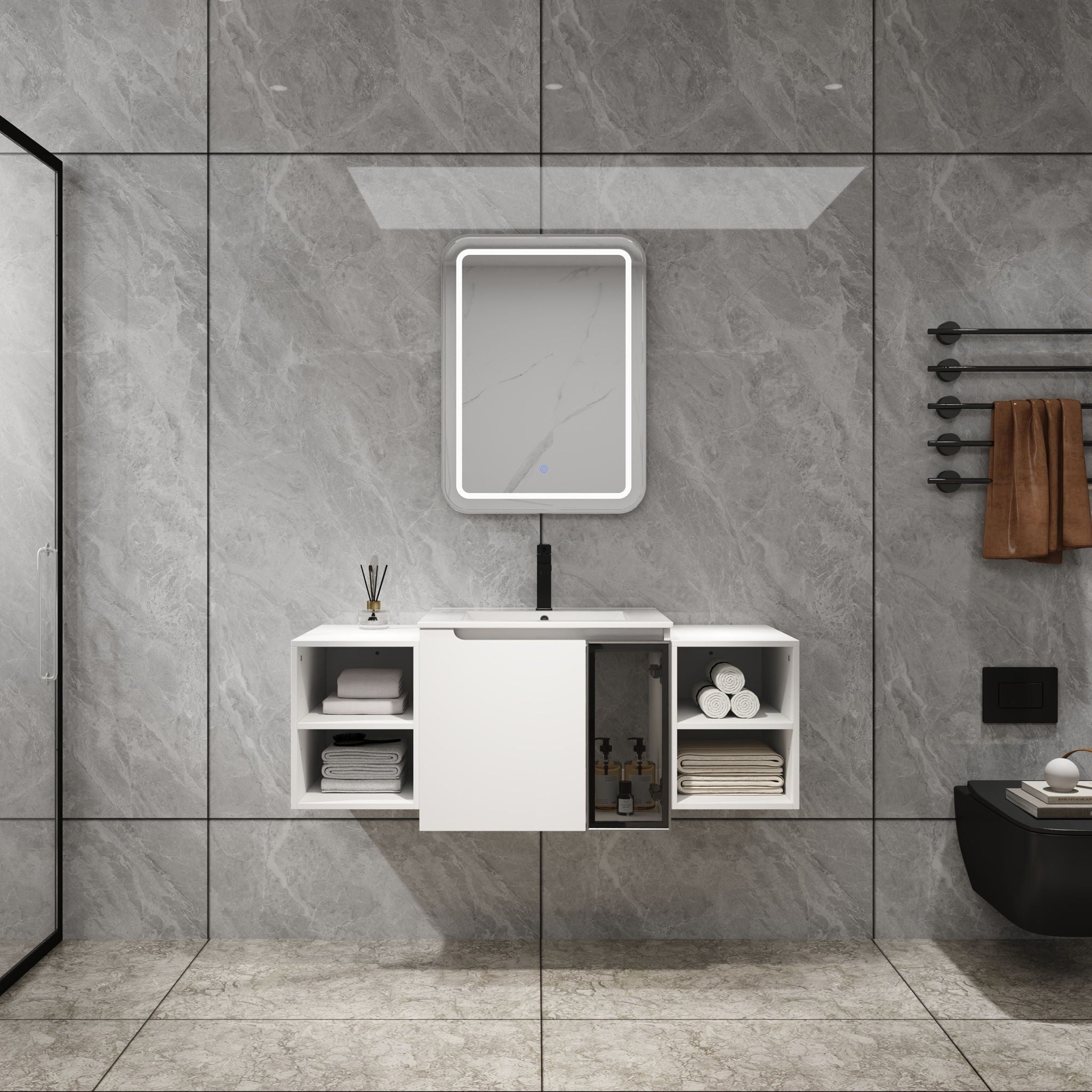 Wall Mounted Bathroom Vanity With Sink, Cabinet & Half Door