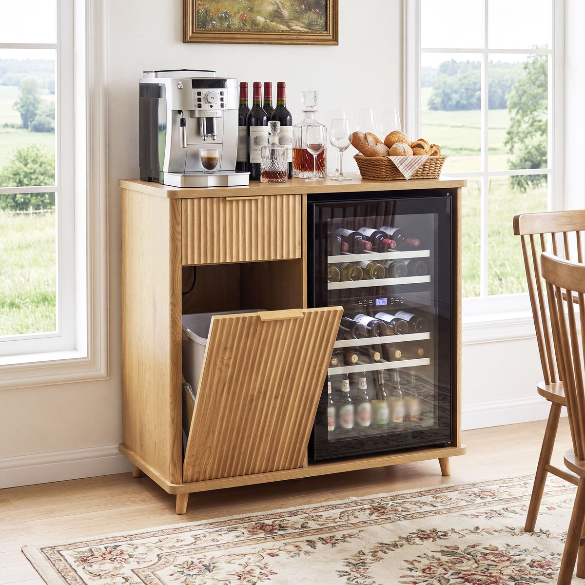Fluted Coffee Bar Cabinet With Mini Fridge Space & Charging Station - Natural