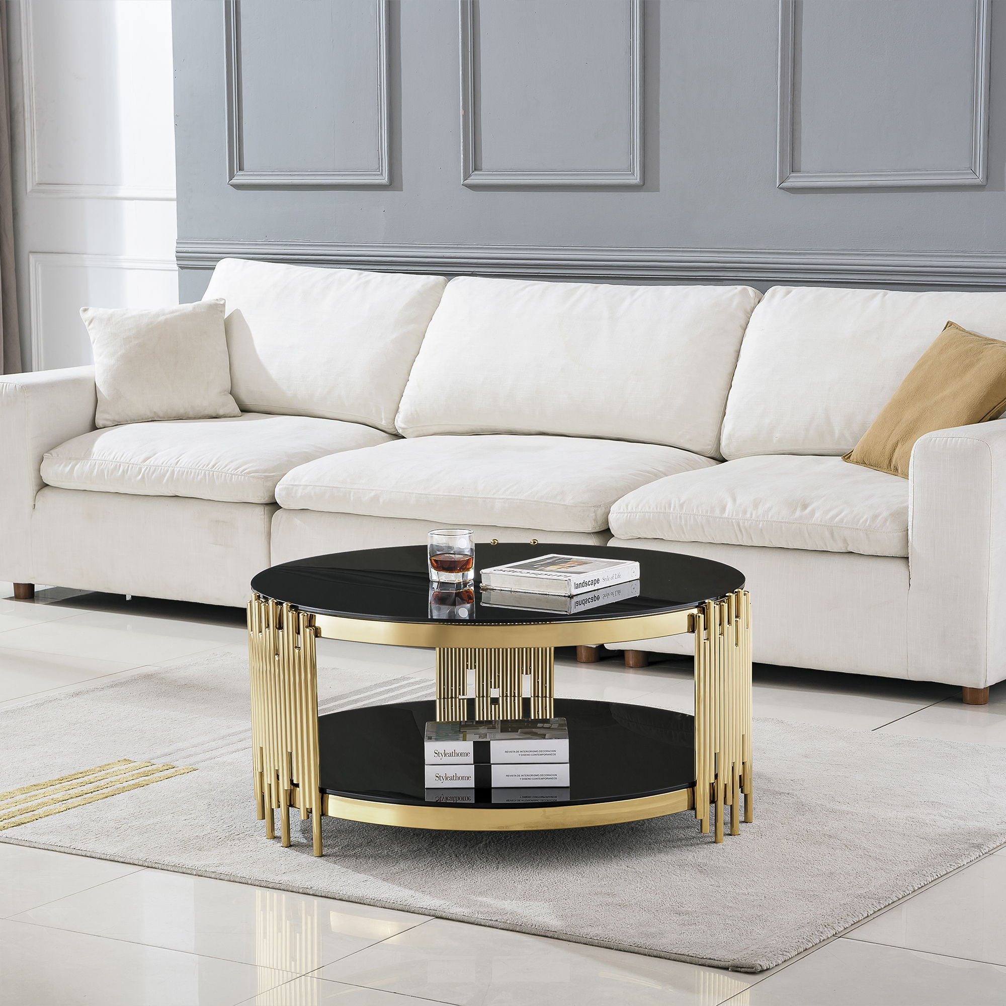 Round Double Tier Table With Flute Shaped Tube Legs