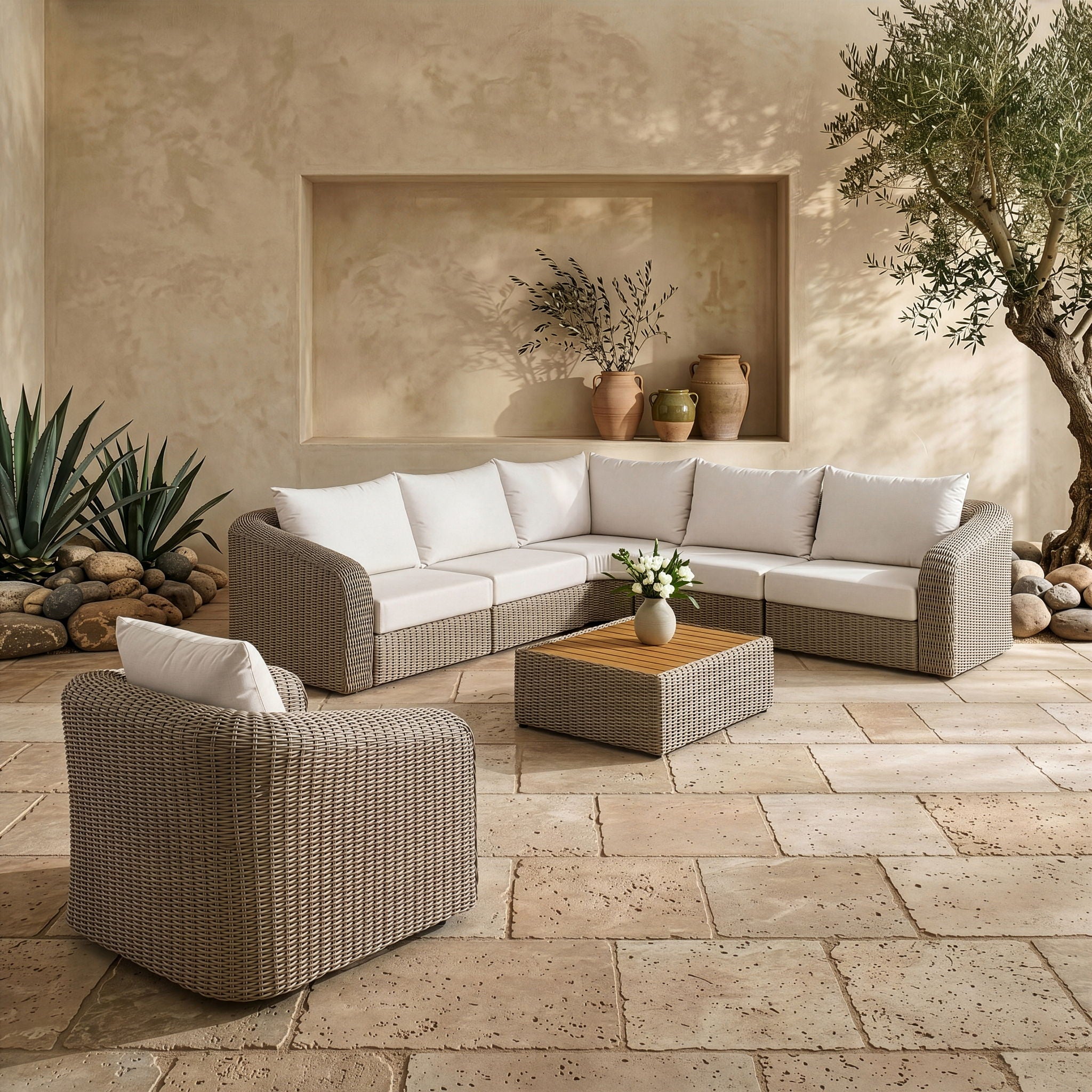 Seacrest - 123.25" Olefin Water Resistant Fabric And Wicker 5 Piece Outdoor Patio Modular Sectional