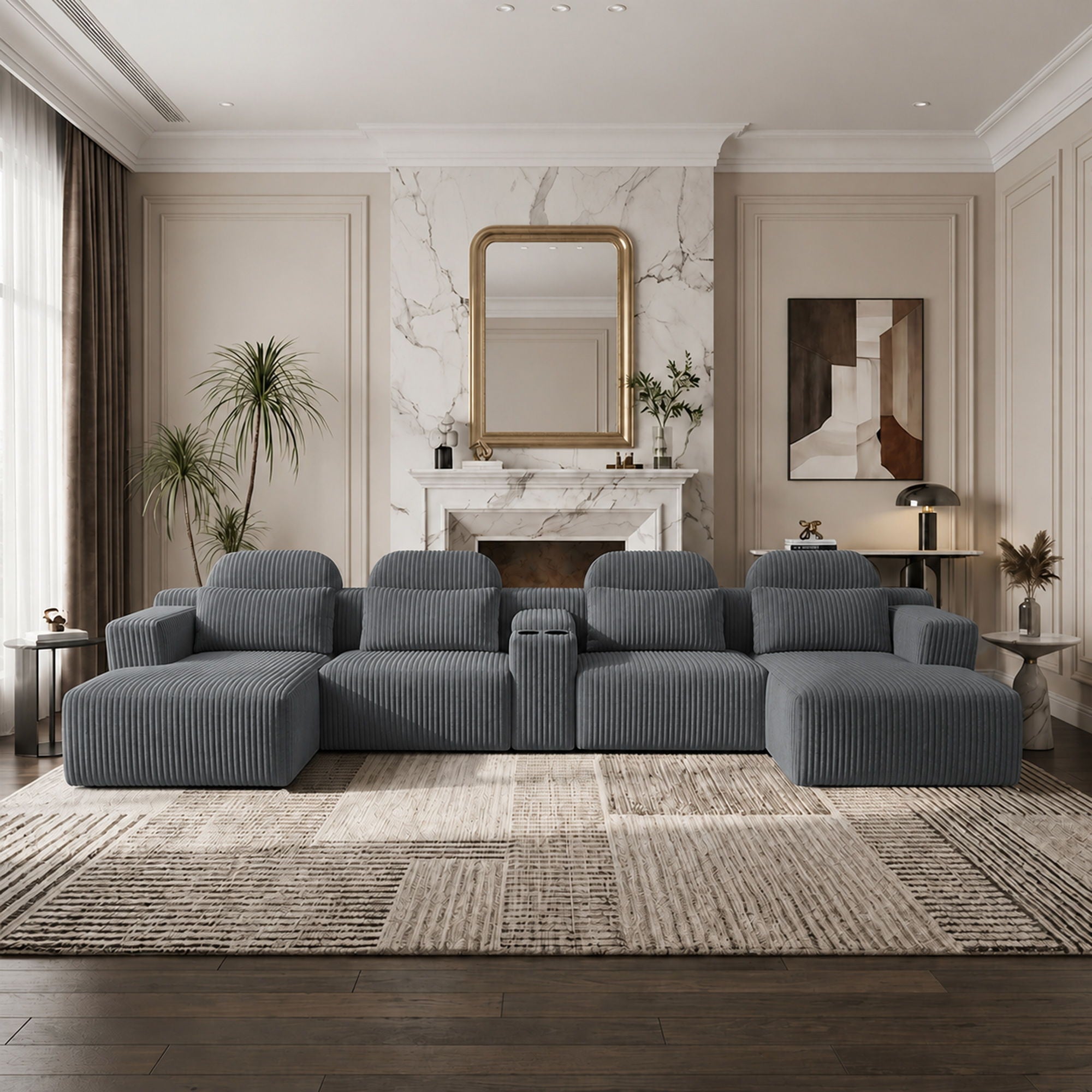 U-Shaped Sectional Sofa With Chaise Lounge And Cup Holders