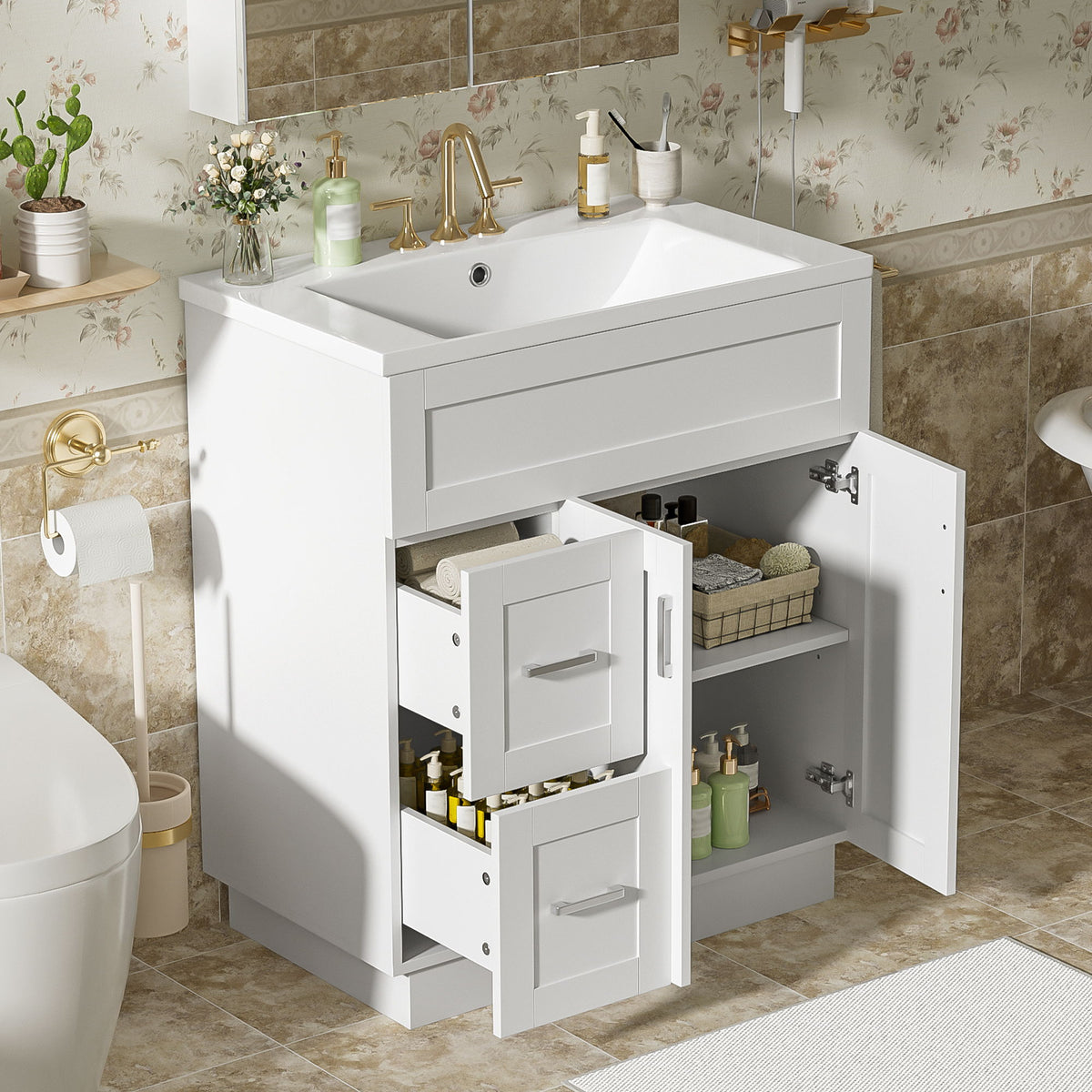 Bathroom Vanity With 2 Doors, 2 Drawers, Adjustable Shelf, Hidden Slides & Soft Close Hinges