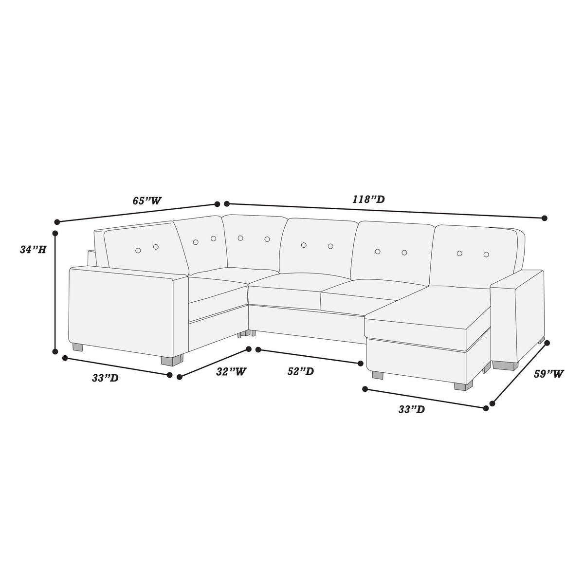 Reversible Chaise U - Sectional Couch, Living Room 3 Piece Set