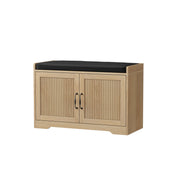 Entryway Shoe Bench With Double Doors, Upholstered Seat - Oak