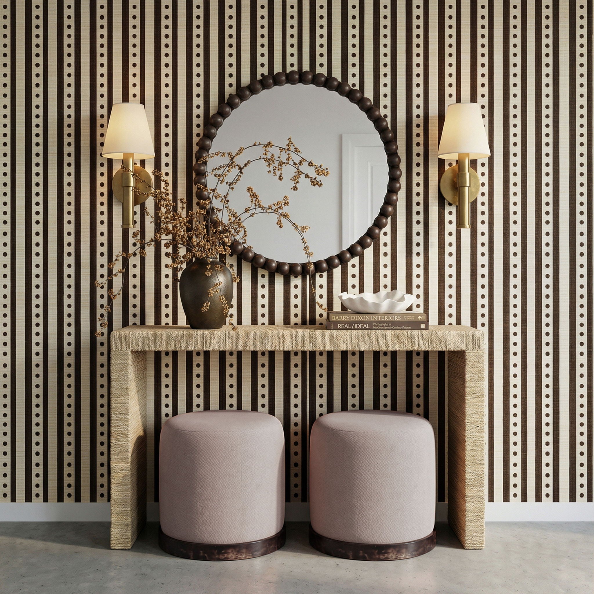 Como - Burl And Cotton Jute Designer Accent Stool - Peach