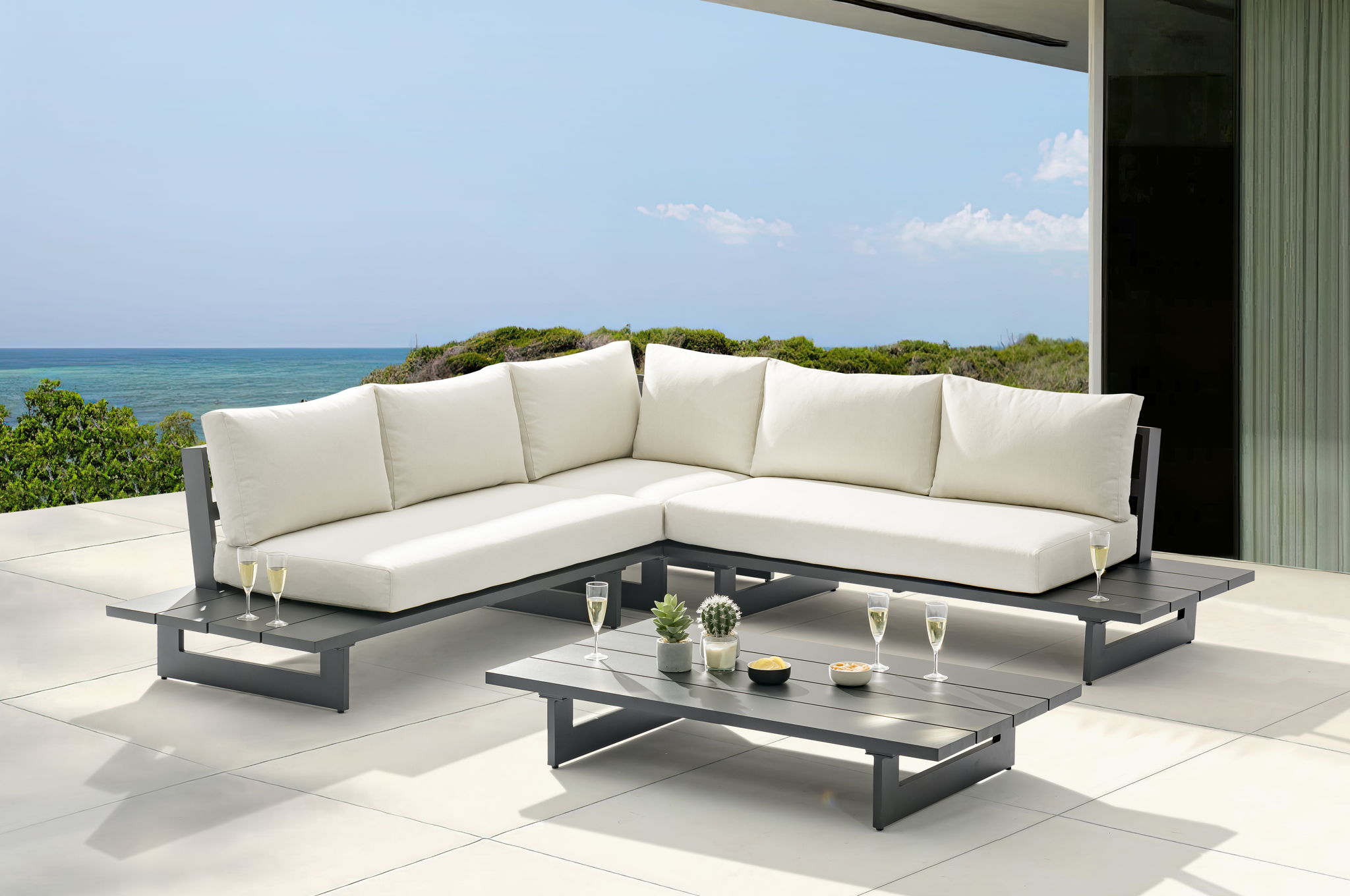 Maldives - Water Resistant Outdoor Patio Sectional With Gray Frame - Cream