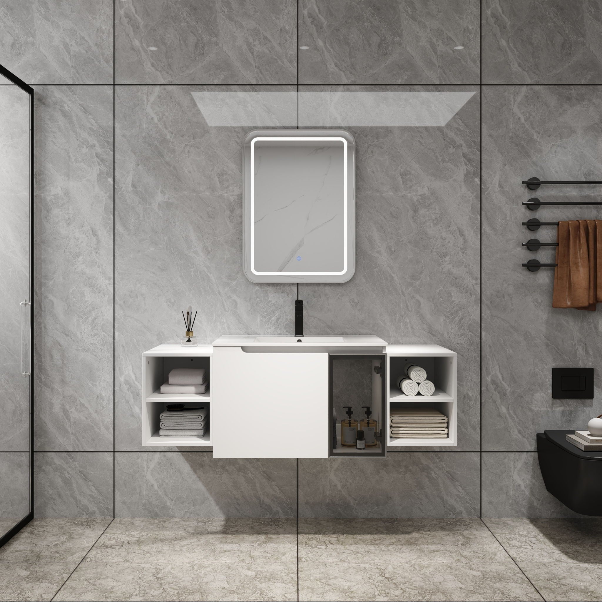 Wall Mounted Bathroom Vanity With Sink, Cabinet & Half Door