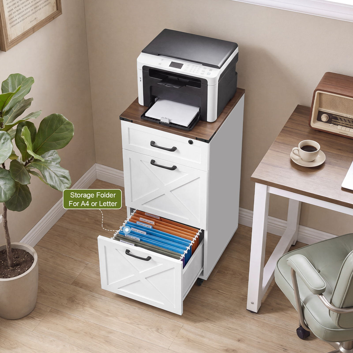 3 Drawer File Cabinet With Wheels, Vertical Rolling Storage For Letter / A4, Printer Stand & Mobile Organizer For Home Office - White