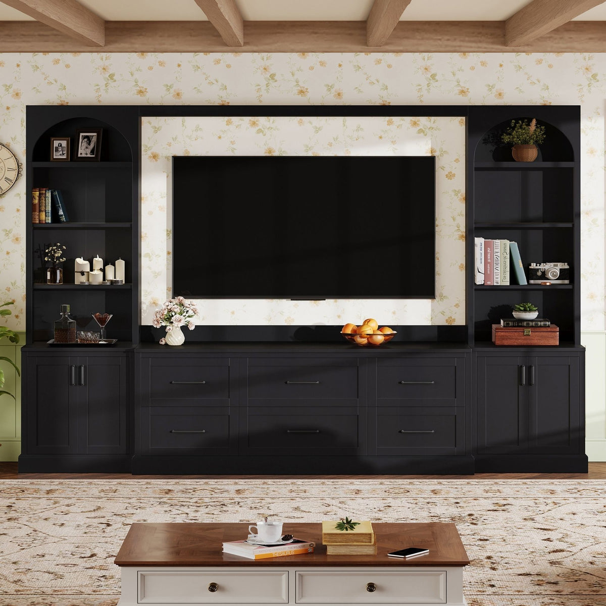 Arched Entertainment Center Wall Unit With 6 Drawers, Large TV Stand With Bookshelves