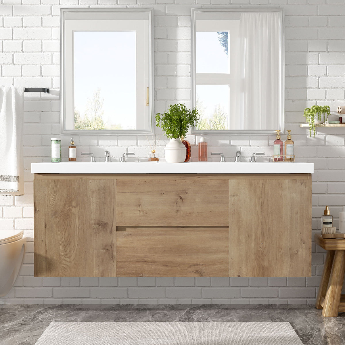 Double Sink Bathroom Vanity, Cabinet & Soft Close Doors, Divided Drawers, Wall Mounted Storage - Wood