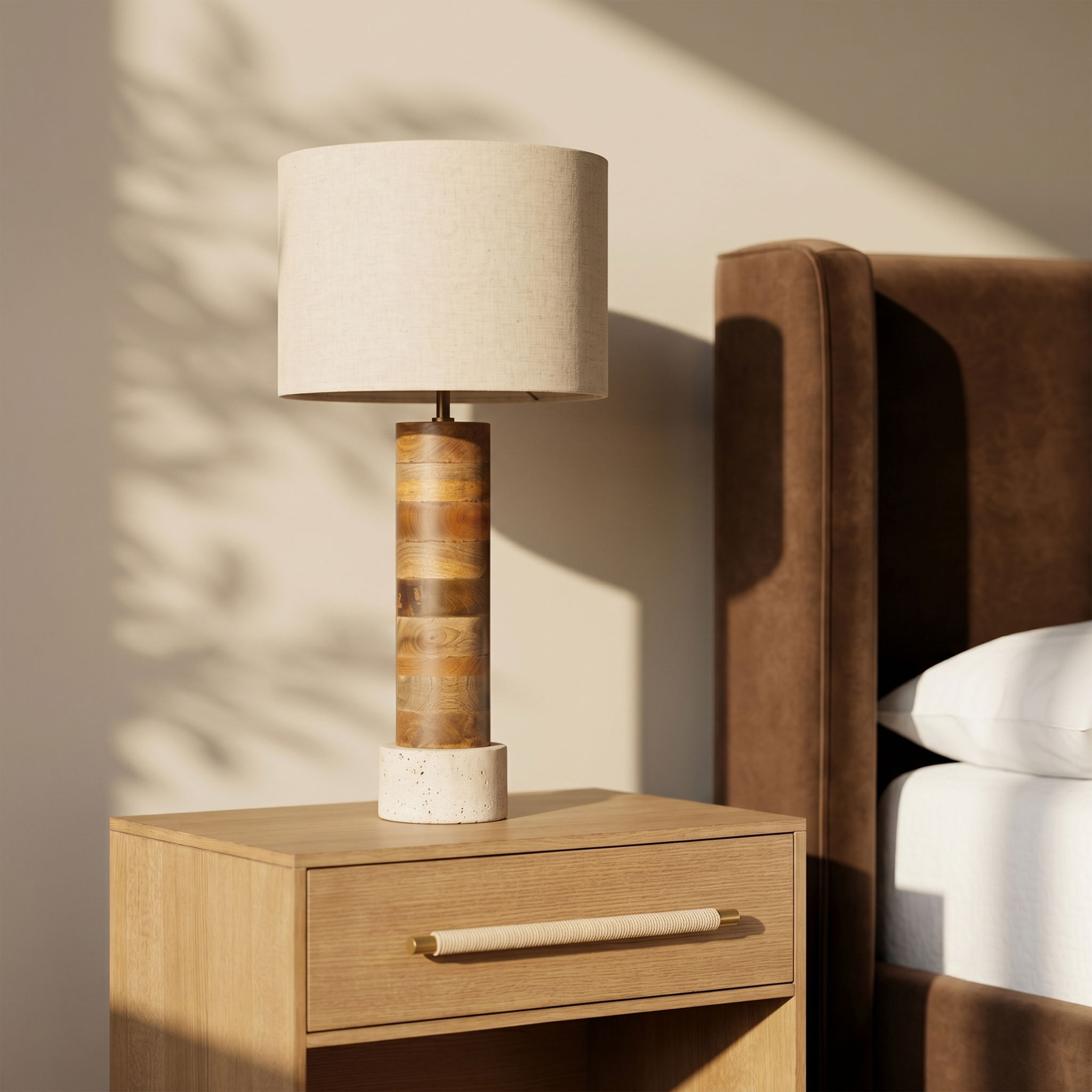 Orenda - Mango Wood Base And Linen Textured Fabric Shade Table Lamp - Travertine / Natural